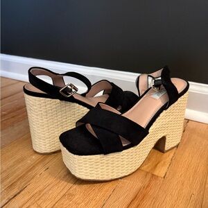 Black Platform Wedge Sandals with Braided Raffia Sole